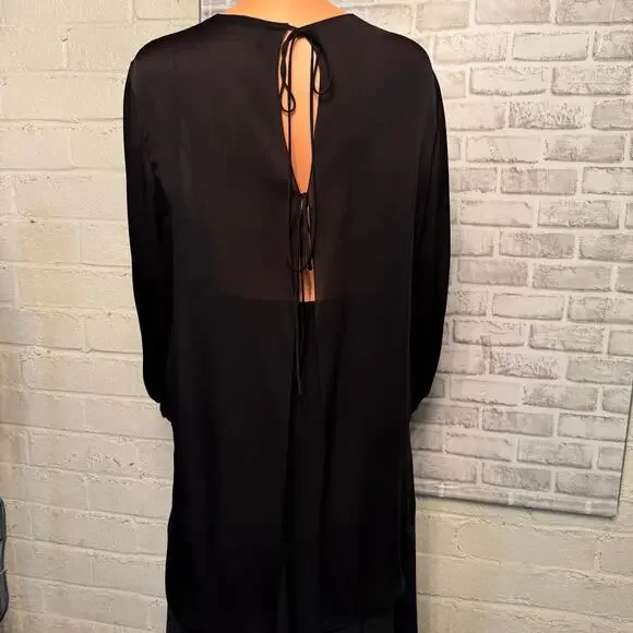 The Row SIlk Sheer Black Tie Open Back Top size XS Bishop Sleeves Tunic Length